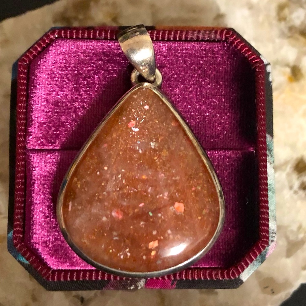 Genuine confetti rainbow sunstone pendant set in 925 sterling silver